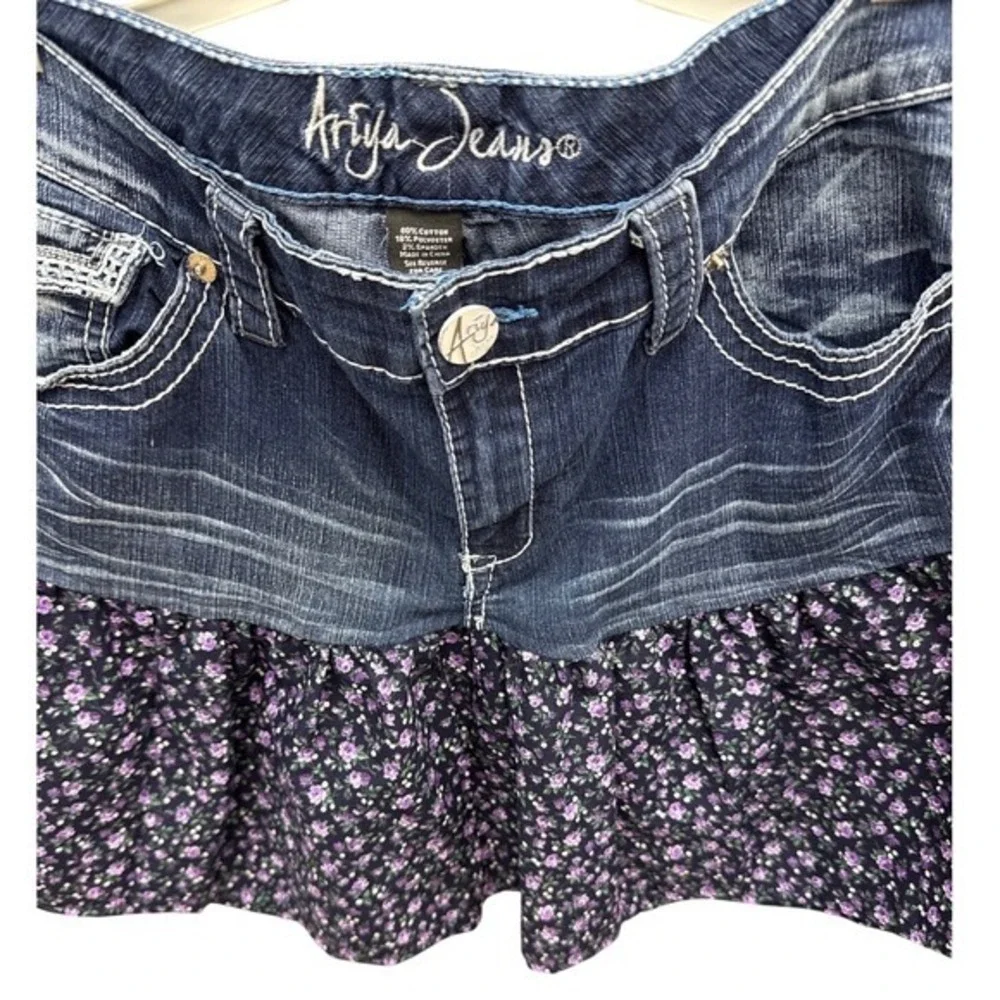 Y2K Ariya Jeans Denim Floral Ruffle Mini Skirt Low Rise Y2K, Cottage/Fairy Core, - Picture 6 of 11